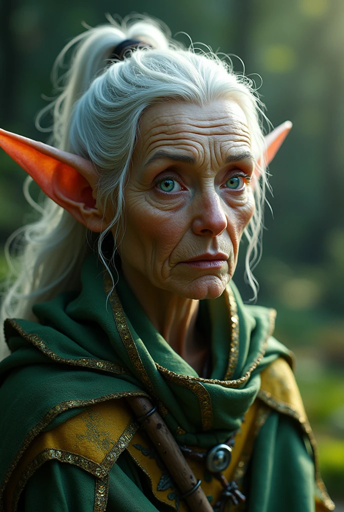 A beautiful elderly elf woman with elven ears, tired eyes magically sparkly and having two colored irises, the irises are clear blue and clear brown, her chin and cheekbones are elegantly sharp, the nose is thin and beautifully shaped, she wears an elven outfit made from light and durable materials, the outfit has a magical glow and the magical glowing colors used on the outfit are green, yellow and metallic black, the elderly elf woman is sitting on a throne made of twigs and green leaves on a beautiful meadow in the middle of an arcane and mystic forest, illuminated by bright moon rays