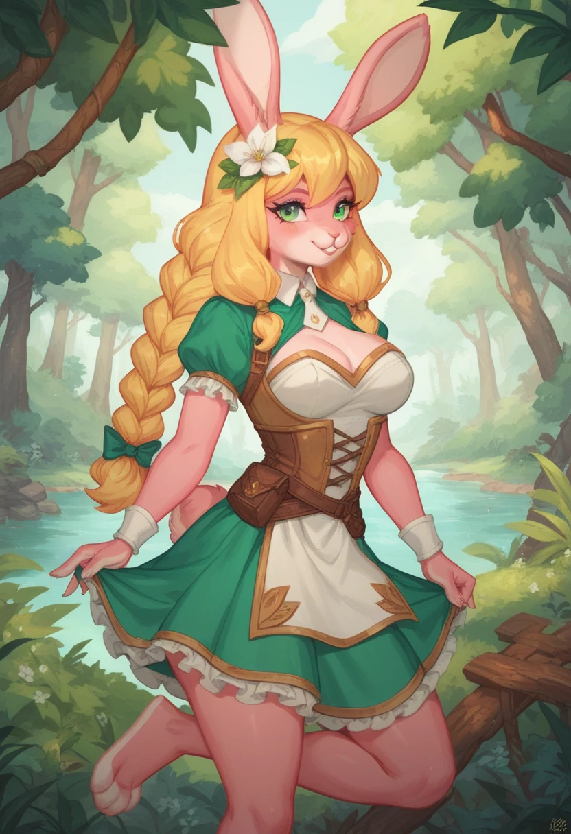 Lyca clothing (AFK Arena), rabbit, pastel yellow hair, character, girl, forest, pink fur, tall, jungle green eye color, pink fur, pink skin, white female medieval ranger dress, anthropomorphic, rabbit feet, double d size breasts, fishtail braid hairstyle, long hair
