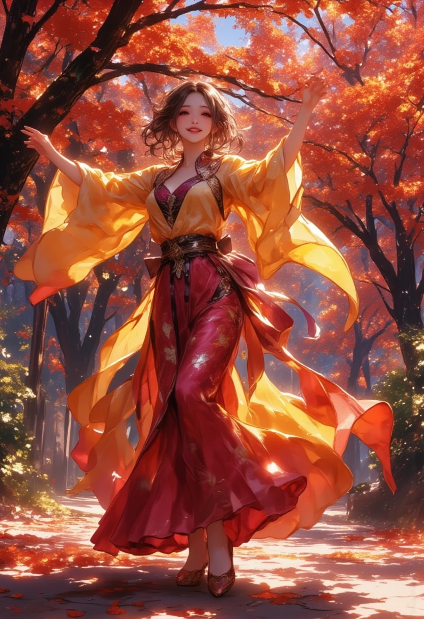 Envision a scene where a beautiful Japanese woman dances amidst a cascade of vibrant autumn leaves, creating a tapestry of color and motion. Her delicate features are framed by the rich hues of autumn, each leaf swirling around her to the rhythm of her movements. Clad in a stunning Middle Eastern dancer’s attire, her outfit seamlessly blends deep crimson and fiery orange, mirroring the colors of the surrounding maple leaves. Every step she takes is a harmonious dance with nature, the leaves catching the wind and echoing the grace and fluidity of her dance. The background is a vivid celebration of fall—trees adorned with leaves in a spectrum of reds, oranges, and golds stretch across the scene, their brilliance only further highlighting her beauty. The ground is a carpet of fallen leaves, softening her delicate steps and heightening the sensory experience. Her warm smile exudes a serene joy that resonates through the painting, a perfect embodiment of the season’s beauty and transience.