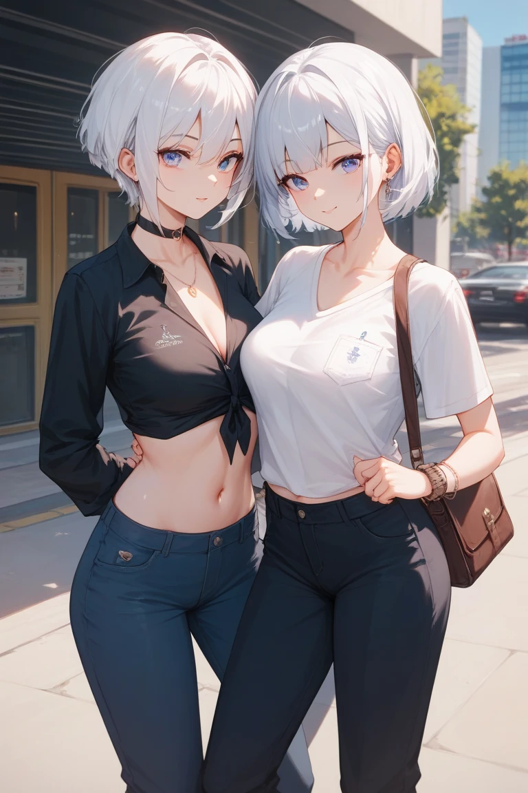 two girls (Not anime)  at school in front of entering the auditorium ,  alone with short white hair  (jaw-deep hair ),  the second is just a little lower , , also with white hair ,  but very short hair  (обычная российская школа и two girls). both are wearing wide pants and a wide shirt, They stand facing each other and talking. they are just friends and stand a meter apart