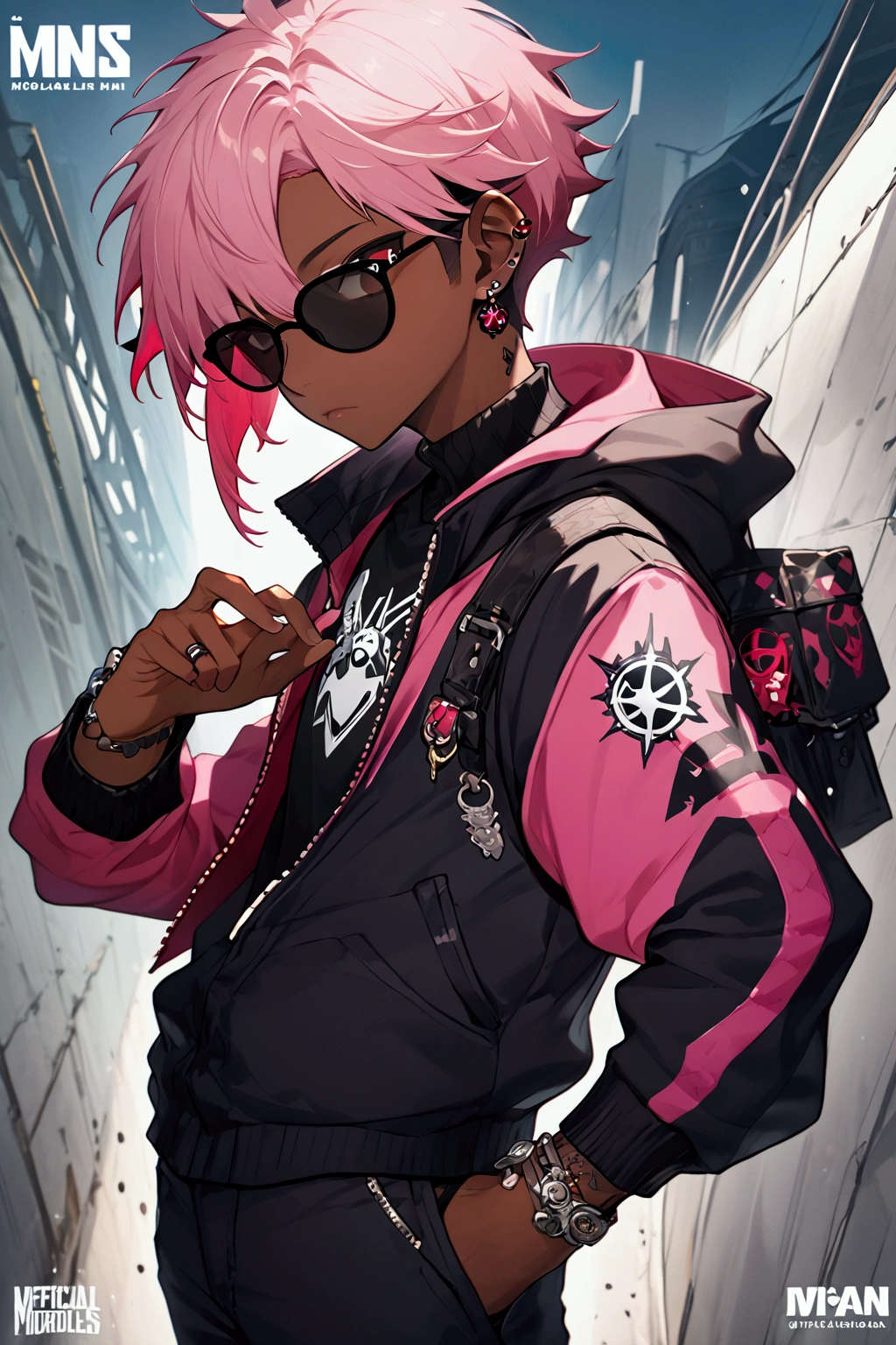 Black young man, punk clothes, cool sun glasses, punk hair, black hair, pink hair, piercings, tattoo, full color illustration, official artwork, official art, full art illustration, full color digital illustration, miles morales, epic full color illustration, profile shot, official illustration,