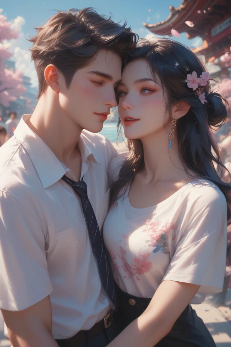 couple pose, cute couple, couple, Guviz-style artwork, sakimichan, romantic couple, Guviz, belle delphine, korean audrey hepburn automata, kissing together cutely, realistic person, dilraba dilmurat, Realistic.