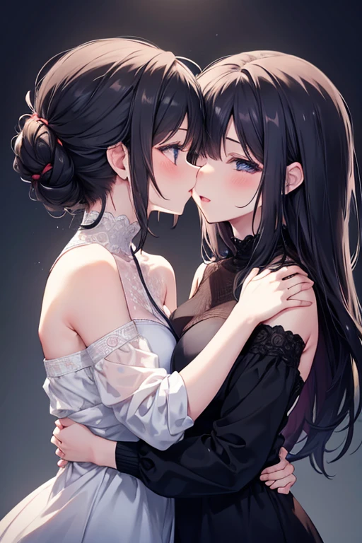 embracing each other２a person　adhesion　Rich kiss　pleasant sensation　Entwining tongues　beautiful  Girl　A dark-haired　Shoulder out　nighttime scene