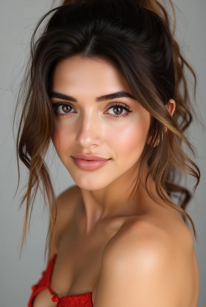 Realistic Studio portrait of a young woman, beautifully lit, masterpiece, A close-up shot of an attractive young woman, she poses seductively against a plain backdrop. Her gaze is framed by luscious eyelashes and a smile