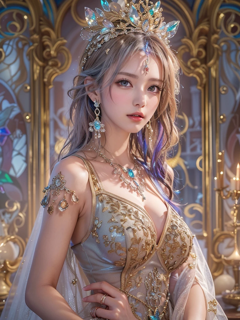 masterpiece,Highest image quality,Super details,best quality ,extremely delicate and beautiful, Very detailed,best quality, official art, Extremely detailed CG unified 8k wallpaper, Ana de Armas portrait photo, Blonde hair with black pupils,shiny skin, (beautiful eyes:1.1), beautiful skin, big watery eyes,(detailed lighting:1.2), (Beautiful and detailed light:1.3),The noble goddess wearing the flame robe,Intricate Flame Shroud Details,Gorgeous and complex hollow ultra-thin flame dress,Beautiful udder, The most perfect breast shape,firm breast,Deep cleavage,Naked of breast,complex, digital drawing, Smooth, sharp focus, end of the world, epic reality, (high dynamic range:1.4), (pastel colors:1.4), Revelation,Bright colors, screen space refraction, (intricate details, Super detailed:1.3), art station, lens, complex background, buliding,Beautiful smile,The most beautiful look,Dreamcatcher earrings,The best look,beautiful goddess of fire,
