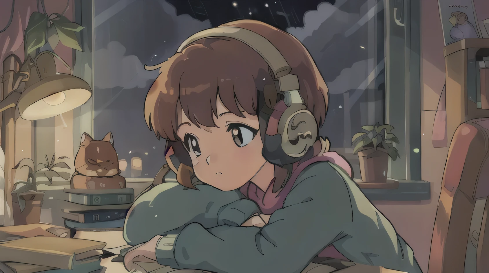 Girl listening to music in a cozy room at night, using headphones, 2D Anime style, Lo-fi aesthetic, soft lighting, digital art, warm colors, detailed background with books and plants, serene atmosphere, high quality, retro cartoon illustration by popular anime artists.
