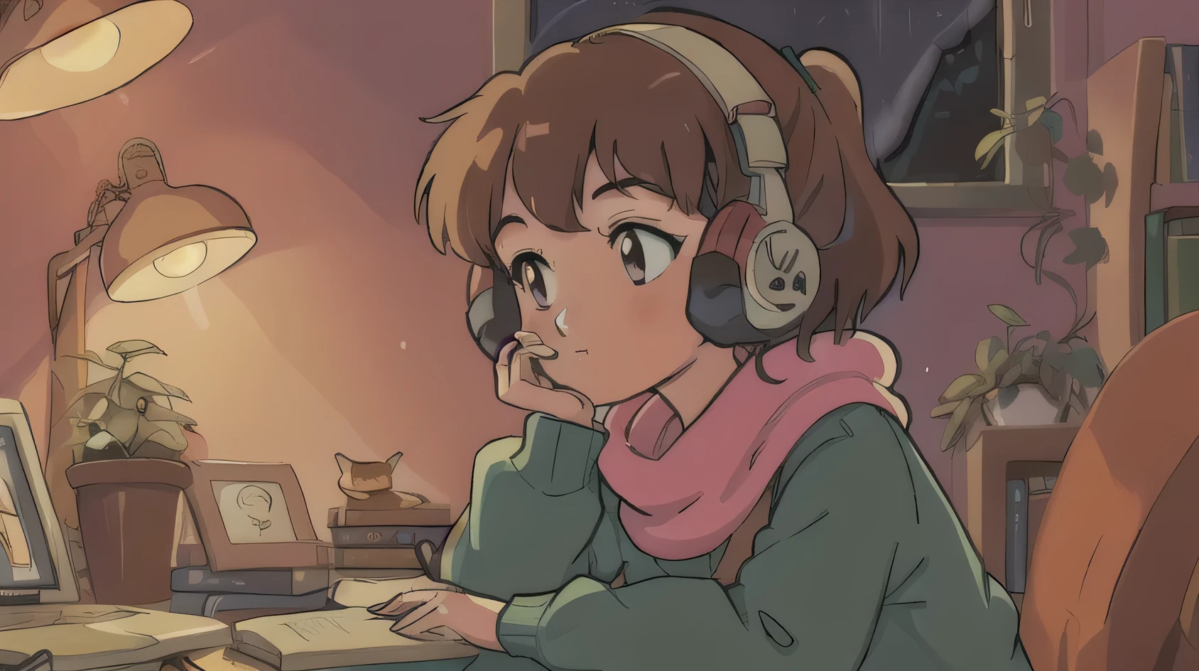 Girl listening to music in a cozy room at night, using headphones, 2D Anime style, Lo-fi aesthetic, soft lighting, digital art, warm colors, detailed background with books and plants, serene atmosphere, high quality, retro cartoon illustration by popular anime artists.
