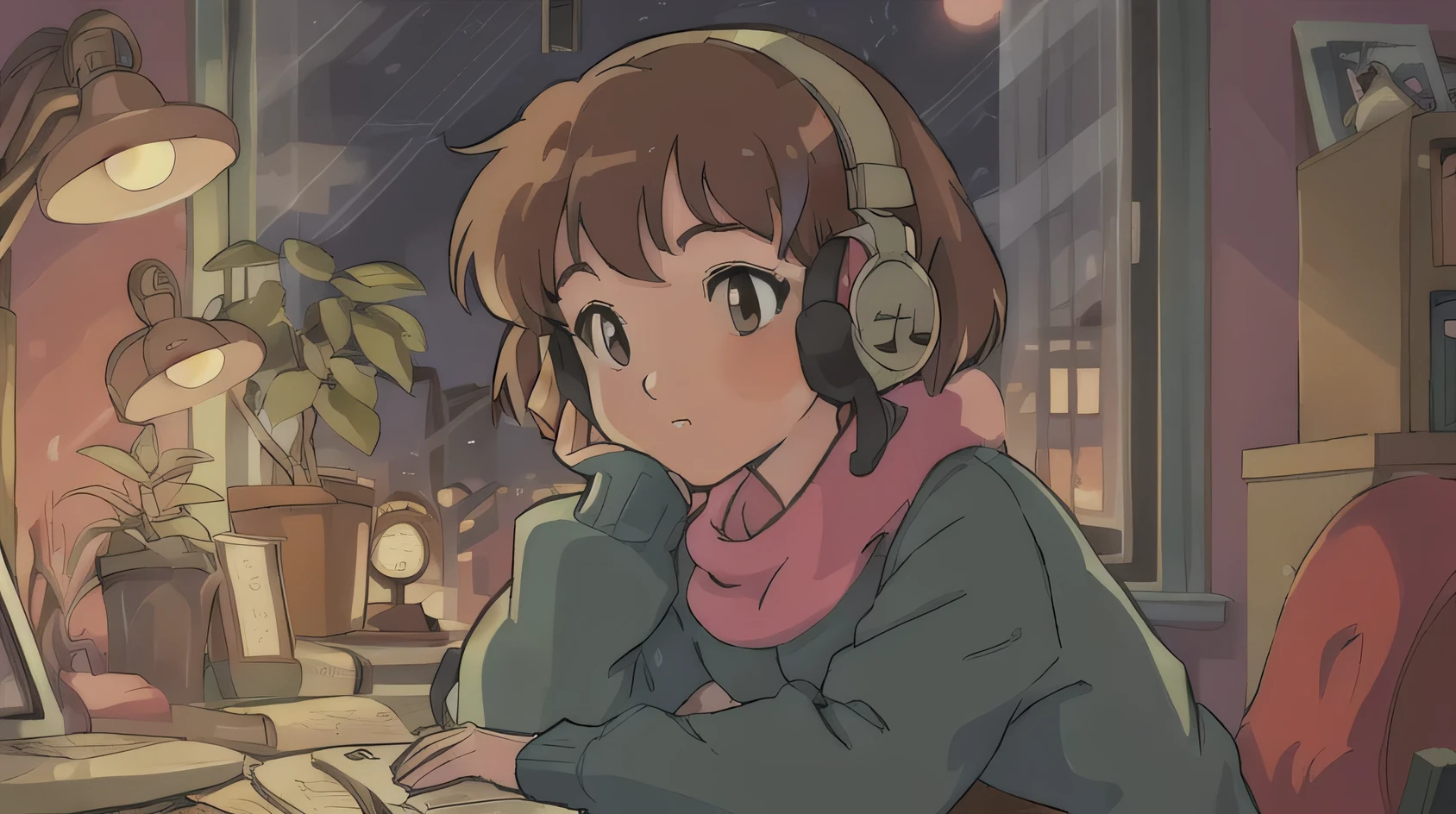 Girl listening to music in a cozy room at night, using headphones, 2D Anime style, Lo-fi aesthetic, soft lighting, digital art, warm colors, detailed background with books and plants, serene atmosphere, high quality, retro cartoon illustration by popular anime artists.
