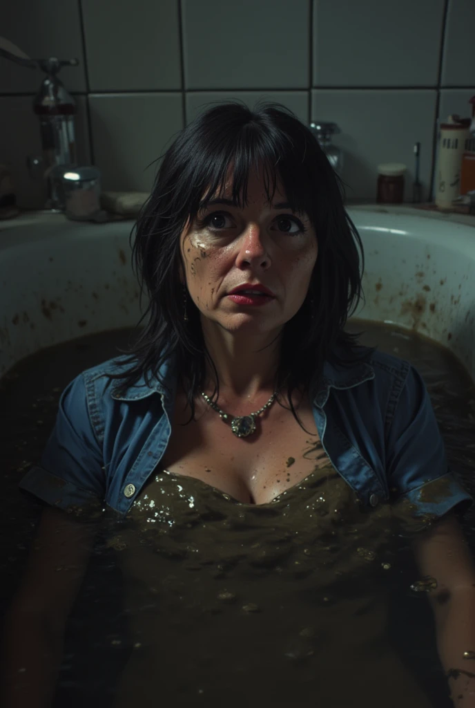 from afar view, Covered in mud ,Bob haircut, detailed eyes and face,  An expression of despair  ,wetlook denim shirt, dark and gloomy lighting ,desperation,bathroom,drowning laying deep in sludge-filled bathtub ,sick faded mid-aged woman, red lips, from side view, in the middle of bathroom, from afar view