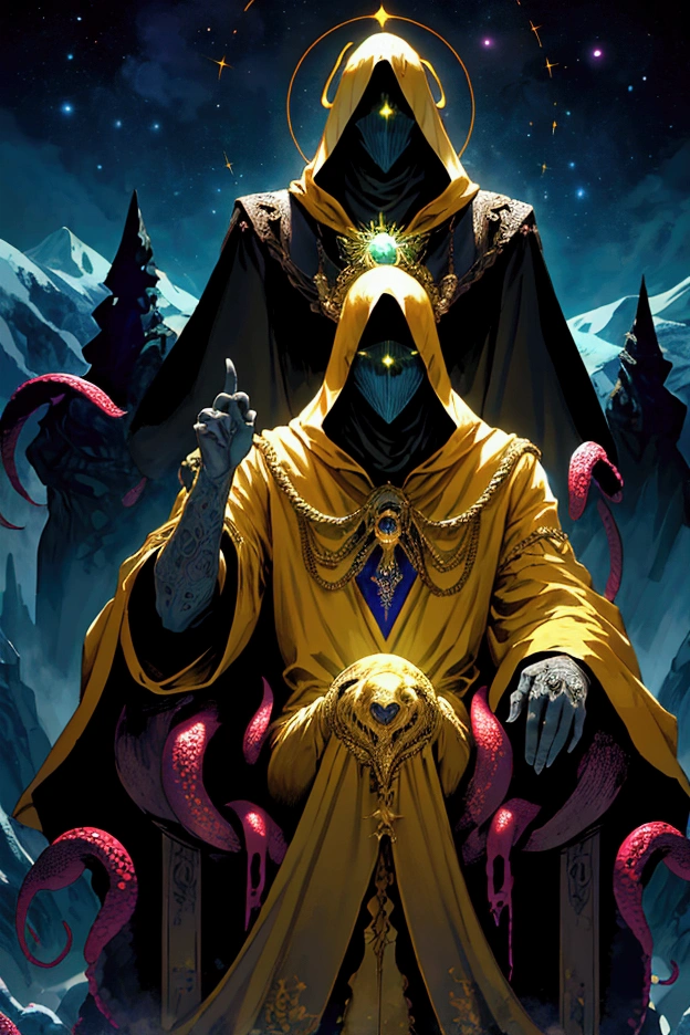 "An epic, dark fantasy landscape in the style of Francisco de Goya, featuring a mysterious, hooded humanoid entity with tentacles protruding from its clothing, seated on a throne amidst frozen mountains. The scene is imbued with a sense of cosmic horror and divine mystery, combining elements of dark and light, with a focus on intricate detail and high resolution. The artwork is inspired by the Hastur, King in Yellow mythos, and is rendered in the style of a Renaissance classical portrait, with a touch of Peter Mohrbacher's unique aesthetic. The piece is intended to be a masterful, best-quality illustration, with perfect lighting and brushwork, honoring Hastur as a galactic deity."