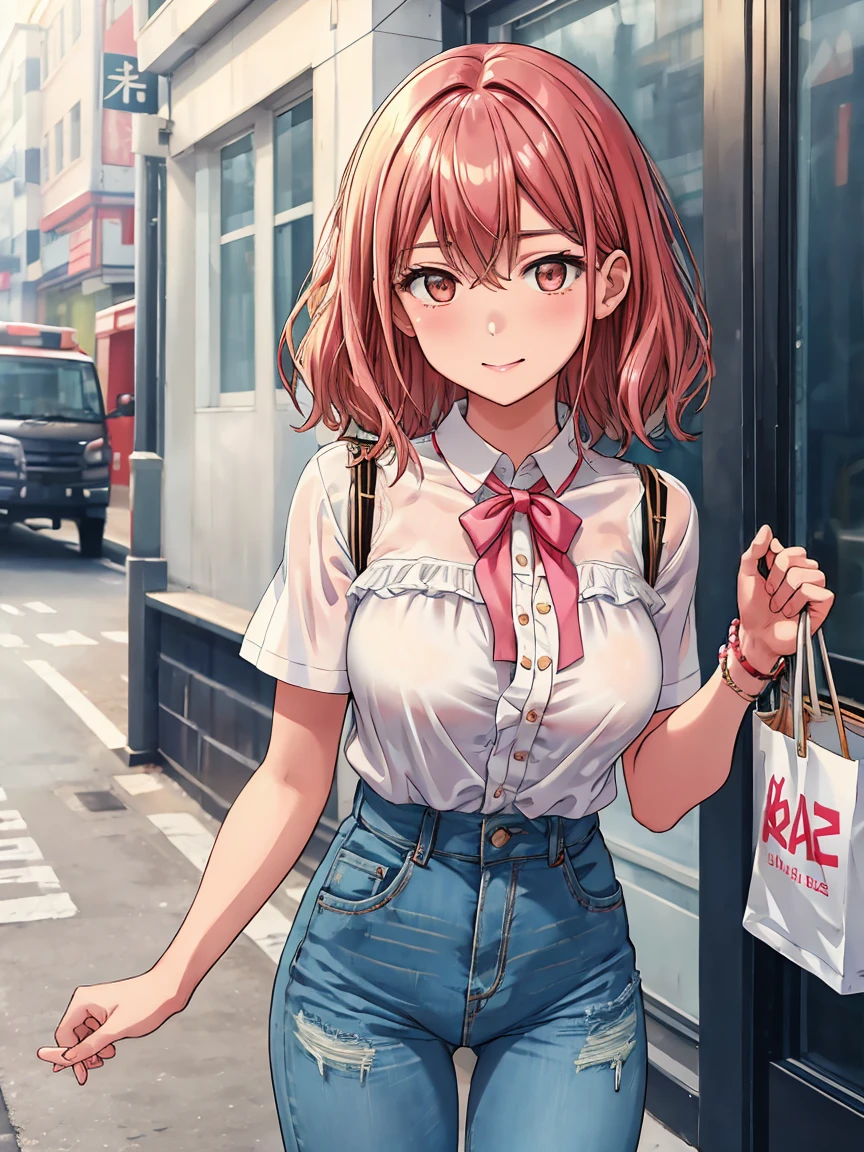 Kaname，1个Giant Breast Girl，individually，cheerfulness，Keep your mouth shut，(Alternative attire)，(White color blouse:1.2)，Women's shirts，shorter pants，denim short，short- sleeved。