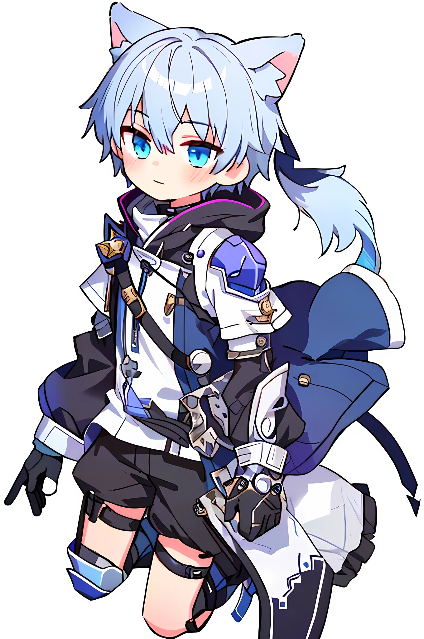 Game CG, 8K quality ,((ONE boy)),hood , anime male protagonist , Wolf Ear,Tail,Handsome Face ,head mounted display, Silver White and Sky Blue Dye,Full Body Mechanical Armor,Jumpsuit,Mechanical gloves, mechanical combat boots ,Full body portrait, No Background ,Mechanical Sword