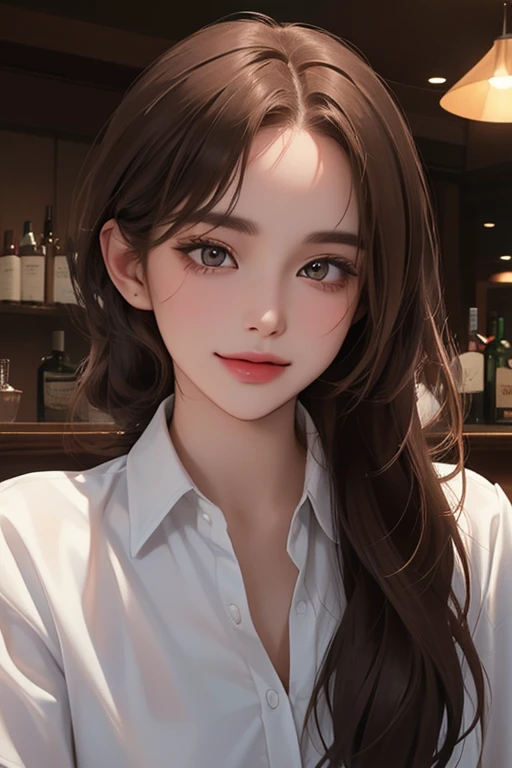 (best quality, ((masterpiece)), beautiful detailed Eyes, 8K resolution, cinematic lighting,detailed clothes,Semi-realistic),smile,1 woman,((25-year-old)),((bangs, brown hair, side ponytail) ((white collared shirts)),in the bar, cocktail