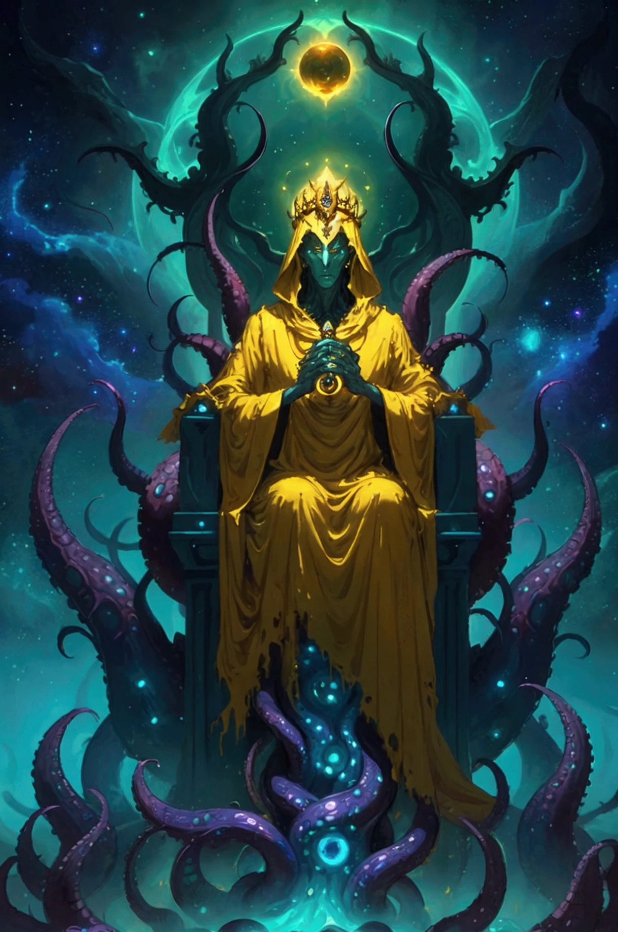 A captivating oil painting in the style of Peter Mohrbacher, depicting Hastur, the King in Yellow, enthroned and resplendent in a radiant yellow robe. Surrounded by writhing, cosmic tentacles, he exudes an otherworldly beauty and power as the galactic deity. The masterpiece is set against a vast, breathtaking landscape, with perfect lighting casting dramatic shadows and highlighting the intricate details of the magnificent scene.