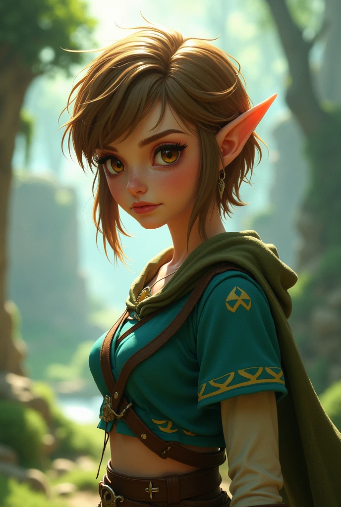  Create a female character with short hair, copete, elf,  short brown hair , light brown eyes, style the legued of Zelda  