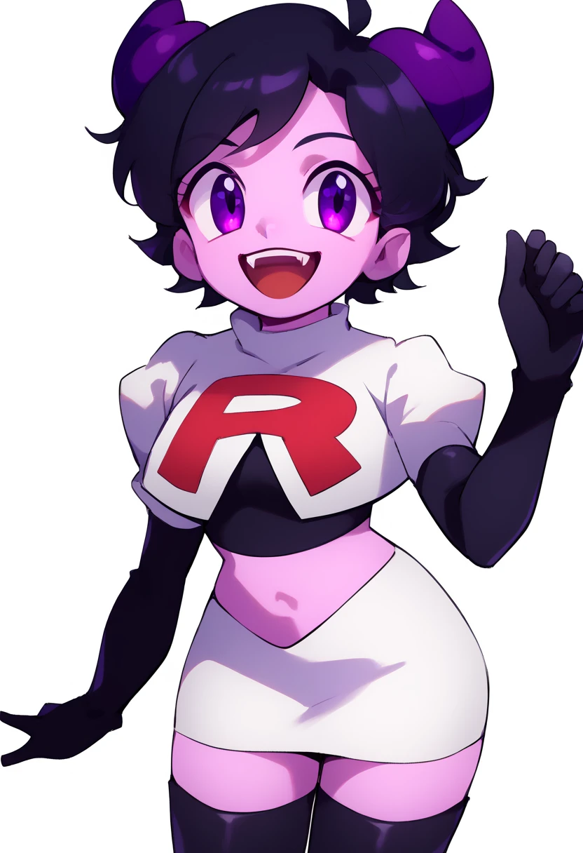 jellybean_yt, solo, looking at viewer, smile, short hair, open mouth, black hair, 1girl, white background, purple eyes, female focus, horns, teeth, colored skin, fangs, team rocket,team rocket uniform,white skirt,red letter R,crop top,black thigh-highs,black elbow gloves, source