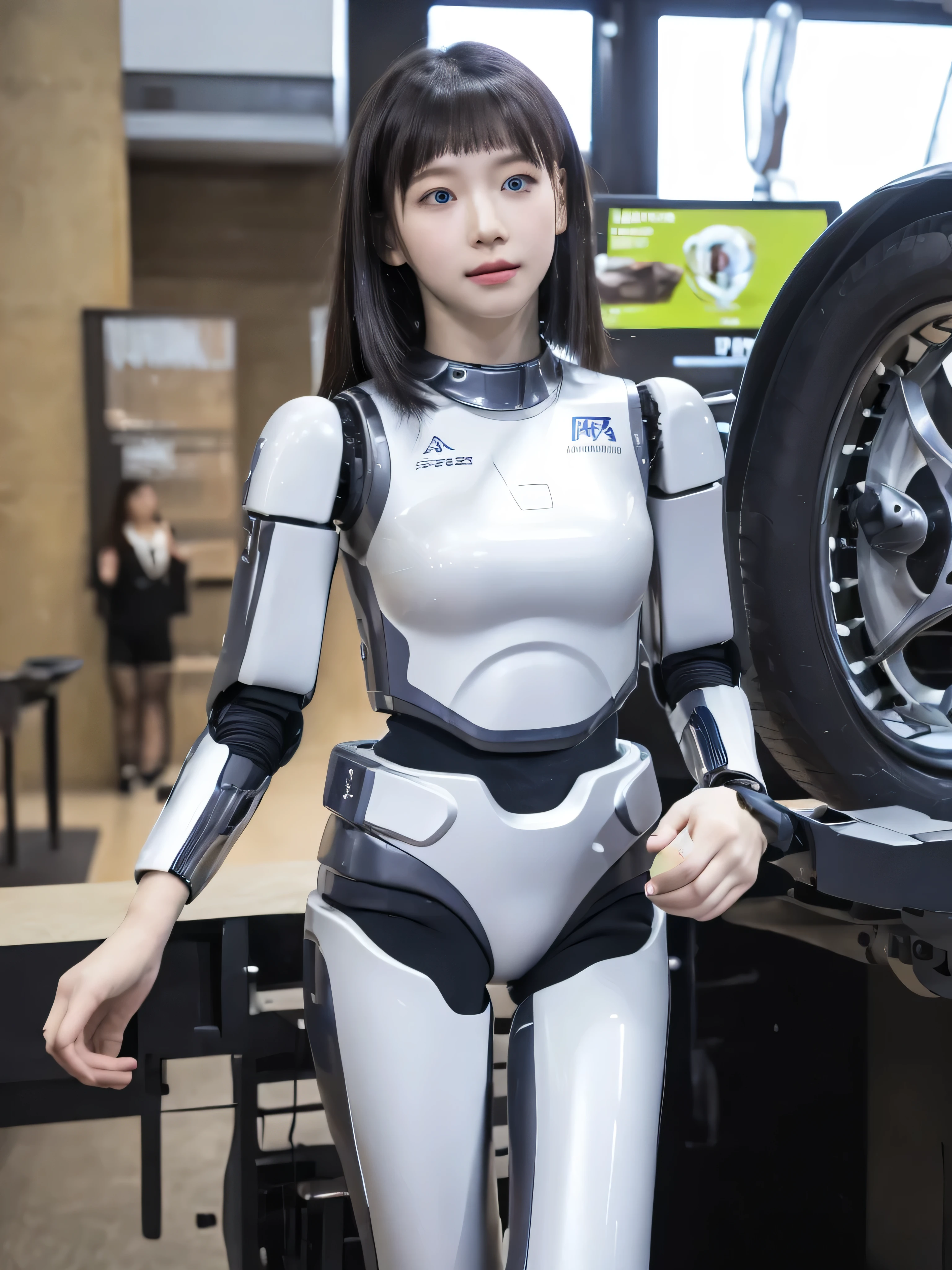 masterpiece, best quality, extremely detailed, (8K, 4K, Best Quality, hight resolution, A high resolution:1.1), 8K portrait,1girl in, Japaese android girl,aespa karina,android teacher,Plump , control panels,android,Droid,Mechanical Hand, ,Robot arms and legs, Black hair,Mechanical body,Blunt bangs,White Robotics Parts,perfect robot woman,Charging spot,Long Tube,A thick cable was connected to her neck,ceramic body ,android,robot humanoid,a bit chubby,panty,full eyes,perfect mechanical body,white robotics body,future assembly plant,white body,She has repaired,black sponge joints,android assembly plant,android,laboratory,perfect machine body,white robot body, body by hrp-4c, face by aespa karina, blue eyes, body from hrp-4c, face from aespa karina, aespa karina's face, hrp-4c's robot body suit, blue eyes, sharp face shape, 20 years old, perfect nose shape, small nose, face shape from aespa karina, robot suit from HRP-4C, aespa karina's face shape