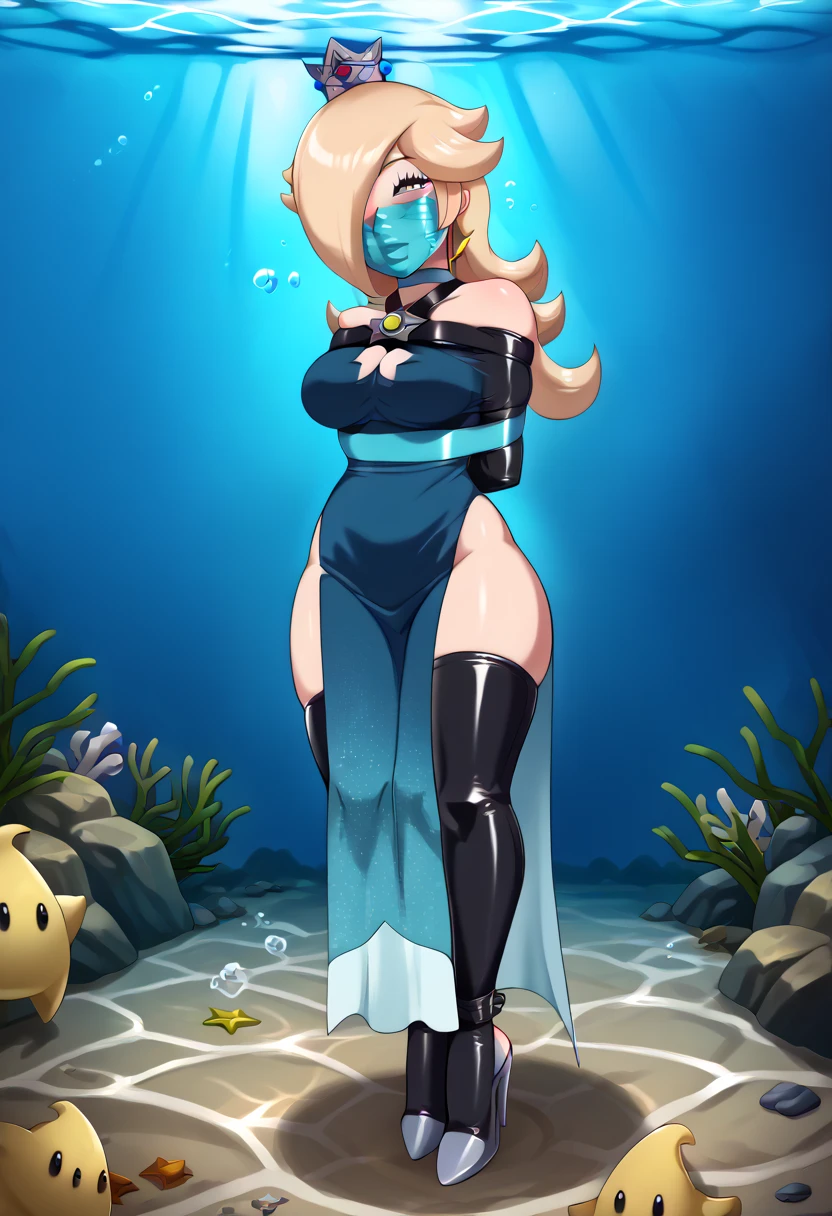 score_9, score_8_up, score_7_up, 1girl, Lora:Rosalina_XLPD:1,  (RslnSND, hair over one eye, crown, blue dress, bare shoulders, side slit, clothing cutout, choker, cleavage cutout, pelvic curtain, high heels, full body,  shiny dress, dark blue dress), wossarem style , flirt, gaze, sexy look, half-closed eyes, head tilt, makeup, (full bodies in view) , perfect proportions, underwater, underwater drown. standing,  belt bondage, bound arms, (arms behind back: 1.4), detailed face,heart shaped pupils, blushed, wrap gag, tape gag , (armbinder: 1.4), (front view), belt  upper body shibari, free legs, free feet, Open legs.