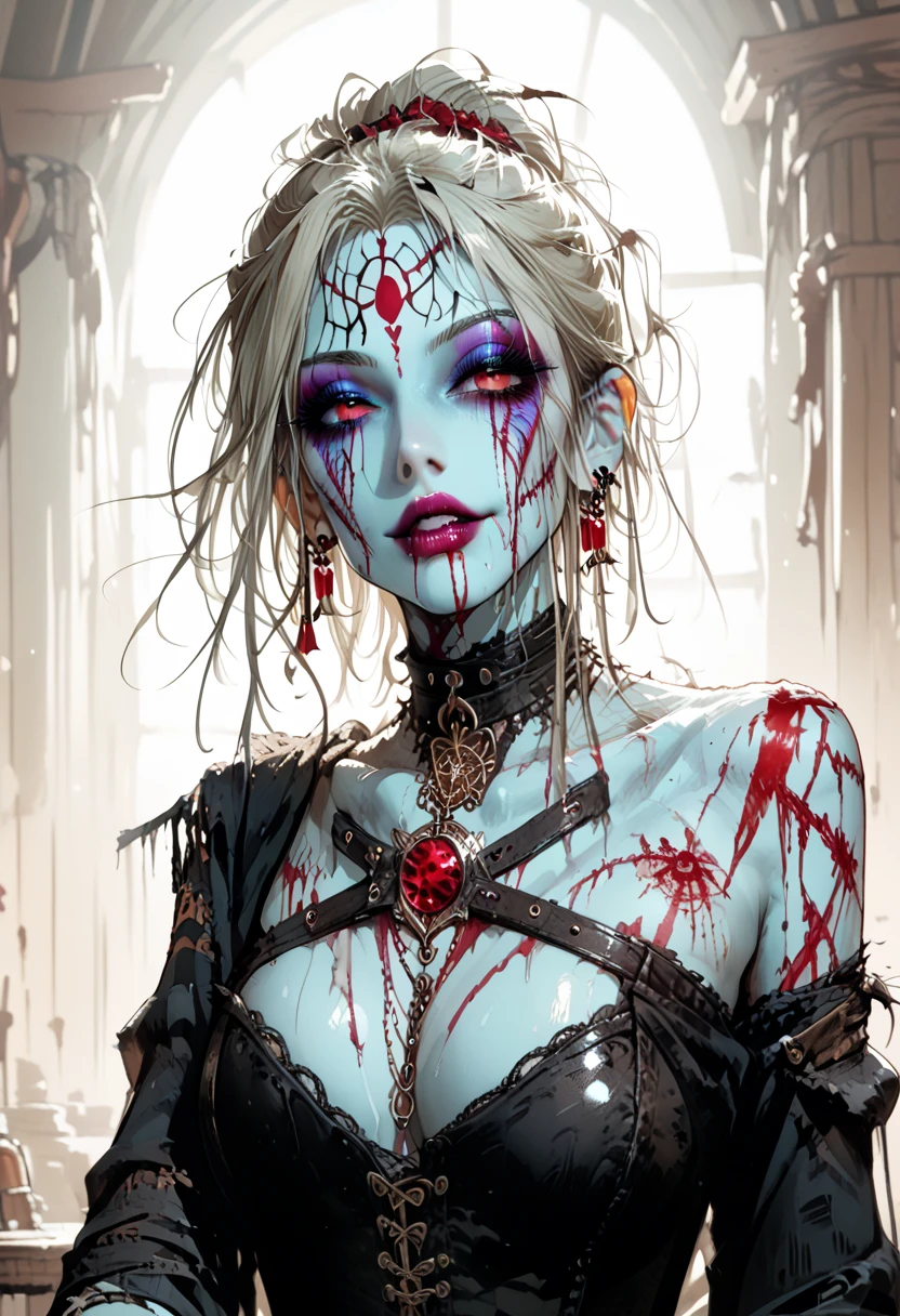 Create an image of a horrific sadistic gorgeous perfect Sexy seductive dead girl, undead head, seductive pose