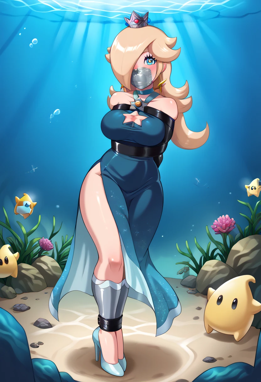 score_9, score_8_up, score_7_up, 1girl, Lora:Rosalina_XLPD:1,  (RslnSND, hair over one eye, crown, blue dress, bare shoulders, side slit, clothing cutout, choker, cleavage cutout, pelvic curtain, high heels, full body,  shiny dress, dark blue dress), wossarem style , flirt, gaze, detailed face, Open eyes, heart shaped pupils, blushed, wrap gag, tape gag, silver tape, (full bodies in view) , perfect proportions, underwater, underwater drown. standing,  belt bondage, bound arms, (arms behind back: 1.4), tight mask, black mask, tight black face cover. , (armbinder: 1.4), (front view), belt  upper body shibari, free legs, free feet, Open legs. 