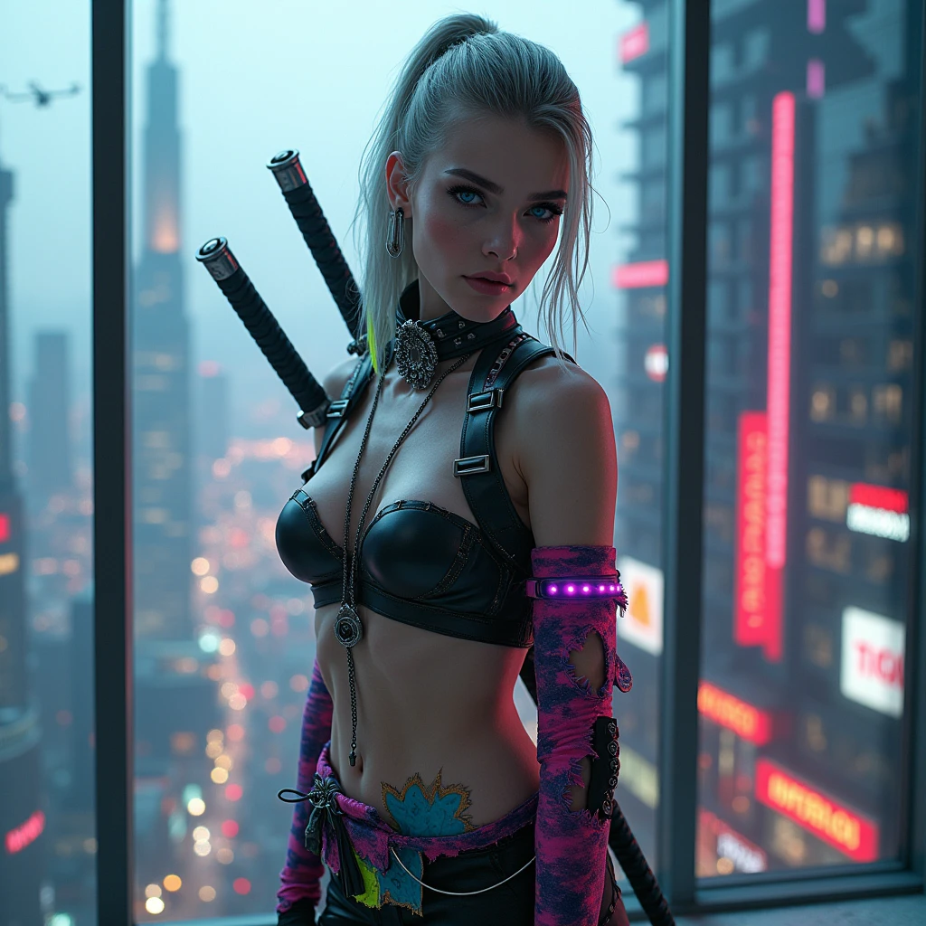 girl, green hair with two ponytails, jacket with black bra, fullbody tattoo.