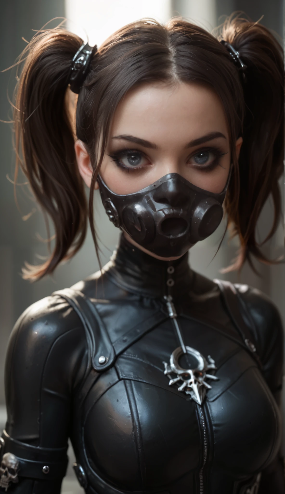 a very beautiful and very thin girl, wears black underwear with tights and latex face mask. Dark room with only red neon lighting. Viele Details, extremely realistic. good quality, 8k