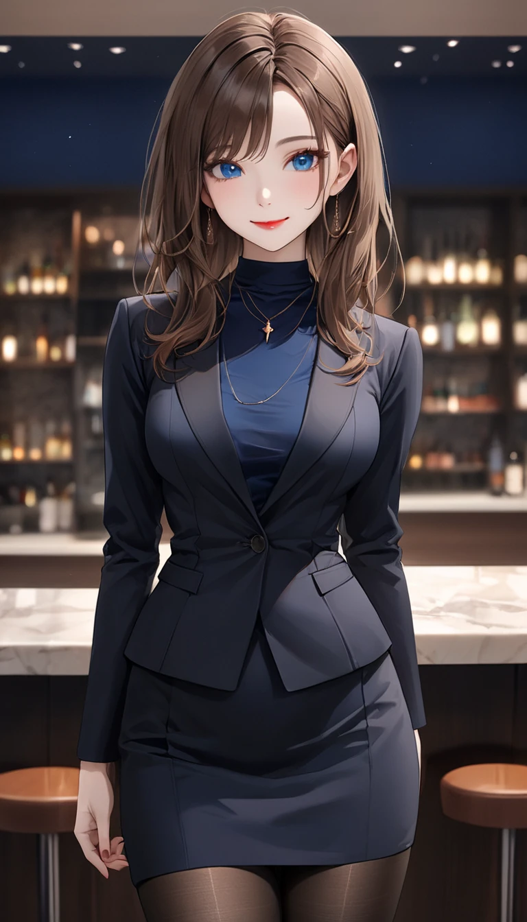  masterpiece,  top quality,   very detailed, Thin legs、medium breasts,   beautiful details, fine texture,  fine skin,  beautiful adult woman at the bottom of the room , Alone, Happy smile, rouge lips ,  closed mouth,   deep blue eyes , Brown Hair, Right-parted bangs,   Long Sleeve  , white, slash neck ,pendant ,  black suit jacket ,   Black Pencil Skirt,   black pantyhose , night、Stylish bar、 counter、,arms behind back, blurry background,