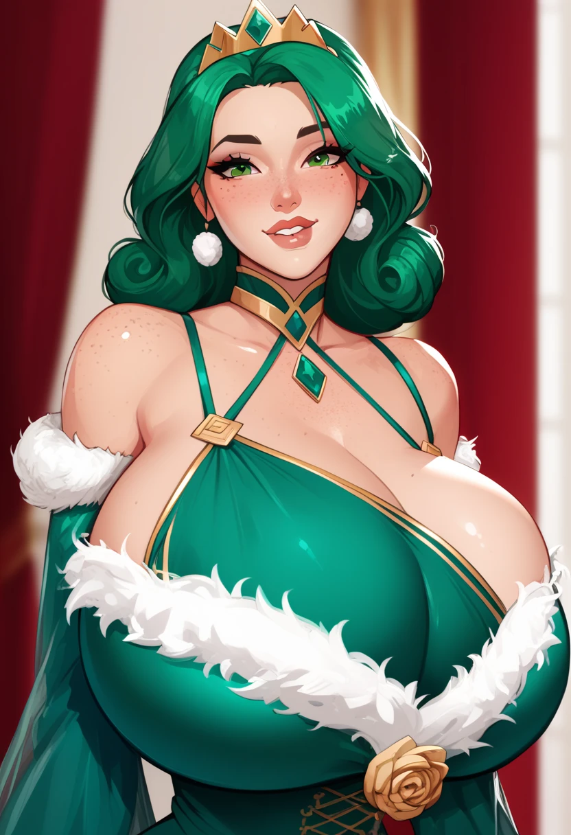 _  anime style  ,1Women,  green hair , Asian , royal dress, huge cleavage,   Big breasts ,  green eyes,,Body de de 20 anos,Body com gliter, freckles, seductive, look of desire, Body , Yandere, Dominant, wild woman,   Sensual Pose, Inviting,  provocative , princess,   biting lips,sexy