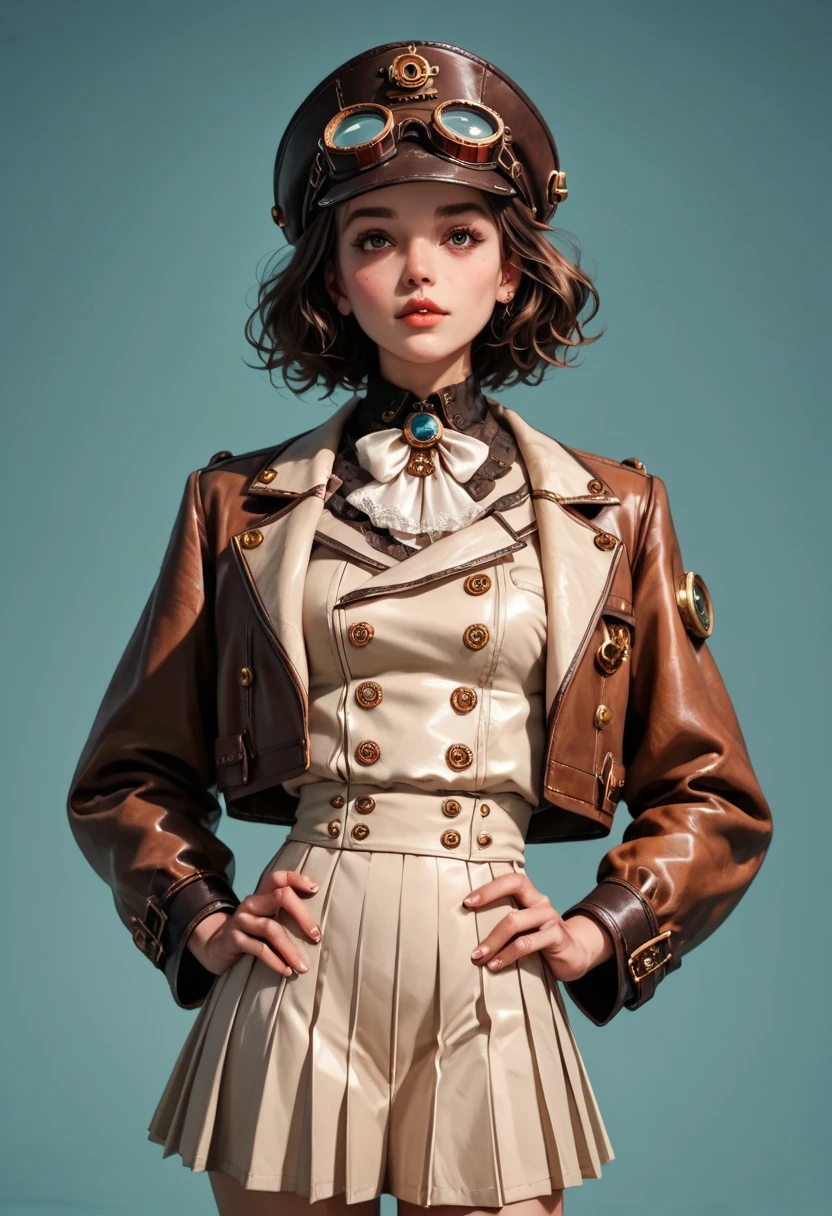 score_9, score_8_up, score_7_up, score_6_up, photo, realism, photorealistic, Industrial steampunk mechanic girl, perfectly detailed face, (hat:0.8), goggles, steampunk beige leather double breasted jacket, beige tweed fabric pleated skirt, (leather laced boots:0.8), intricately detailed brass accessories. Masterpiece, illustrated, highly detailed, industrial background, retro-futuristic,