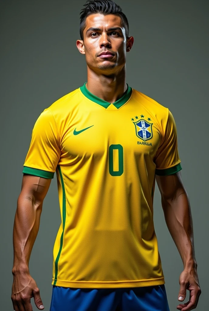 A man wearing a Corinthians shirt, a silver chain, short mohawked hair, black shorts, flip-flops, brown eyes and a six-pack.