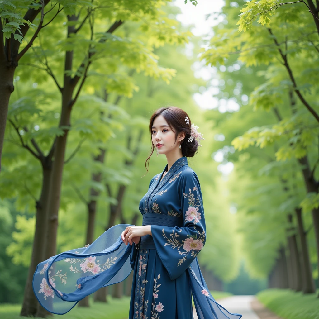 A serene outdoor setting surrounded by beautiful green trees, their vibrant foliage creating a lush and tranquil atmosphere. In the foreground, an East-Asian woman stands gracefully, wearing a kimono designed to resemble an elegant dress. The kimono is deep blue with intricate floral embroidery, blending traditional and modern elements seamlessly. Her long, flowing sleeves and the soft fabric gently sway with a subtle breeze, adding a sense of motion to the scene. She gazes softly to the side, her calm expression exuding elegance and poise. The green background contrasts beautifully with the kimono, highlighting her refined presence amidst nature.