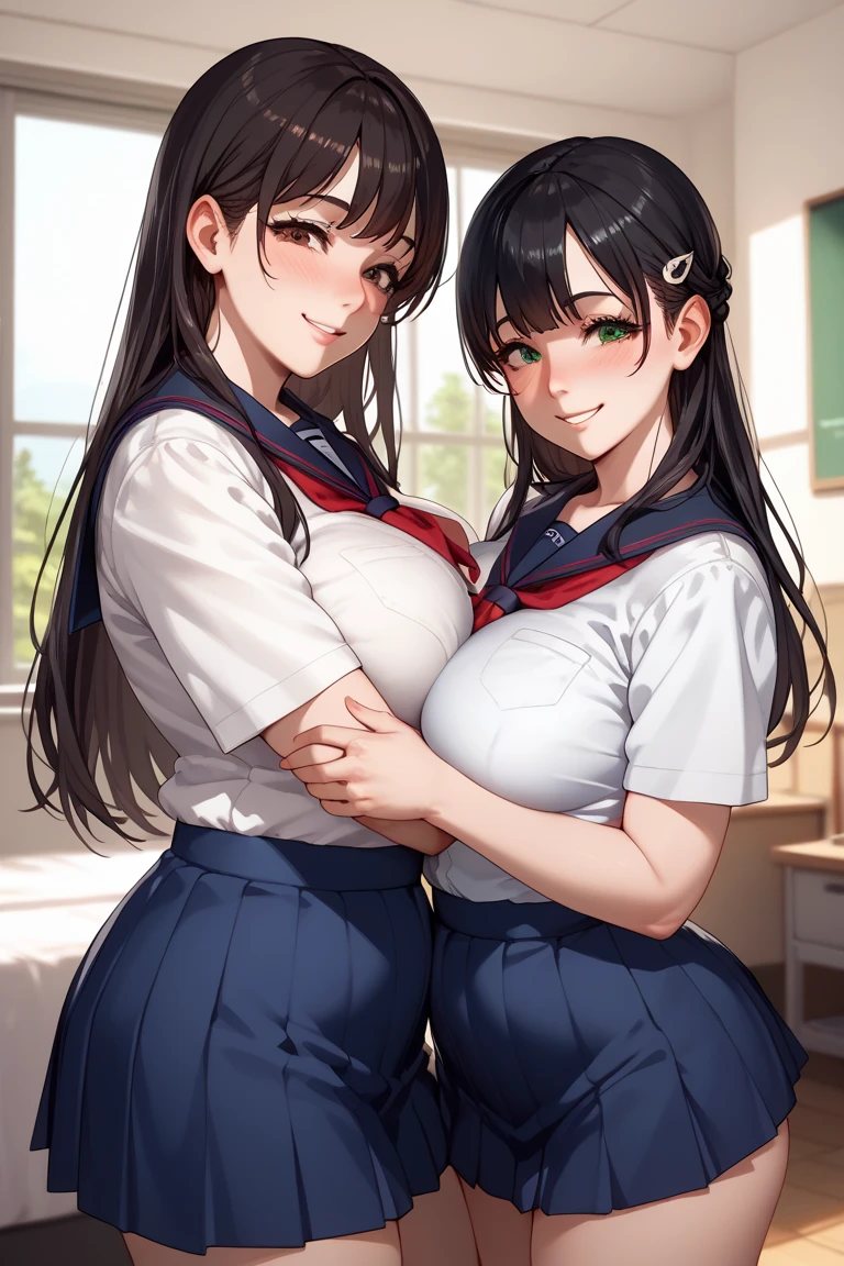 duas mulheres,  wearing school uniforms , white uniform, blue skirt, short skirt. sensuality. A girl with short blond hair,  green eyes,  giant breasts ,  blushed face, chubby sensual. second girl,  black hair,  long hair,  brown eyes,  smiling,  Medium breasts, corpo sexy. scene, house room.  next to each other. hentai style,  anime style , HD, 4K.