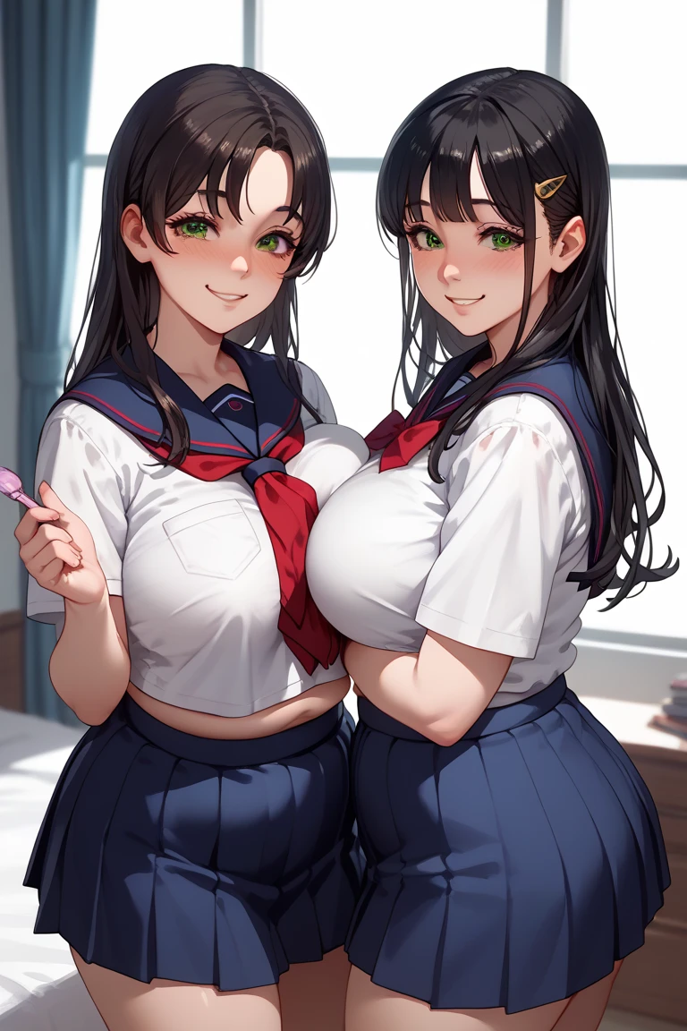 duas mulheres,  wearing school uniforms , white uniform, blue skirt, short skirt. sensuality. A girl with short blond hair,  green eyes,  giant breasts ,  blushed face, chubby sensual. second girl,  black hair,  long hair,  brown eyes,  smiling,  Medium breasts, corpo sexy. scene, house room.  next to each other. hentai style,  anime style , HD, 4K.