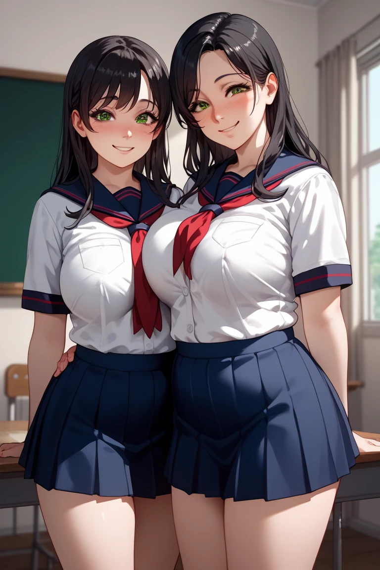 duas mulheres,  wearing school uniforms , white uniform, blue skirt, short skirt. sensuality. A girl with short blond hair,  green eyes,  giant breasts ,  blushed face, chubby sensual. second girl,  black hair,  long hair,  brown eyes,  smiling,  Medium breasts, corpo sexy. scene, house room.  next to each other. hentai style,  anime style , HD, 4K.