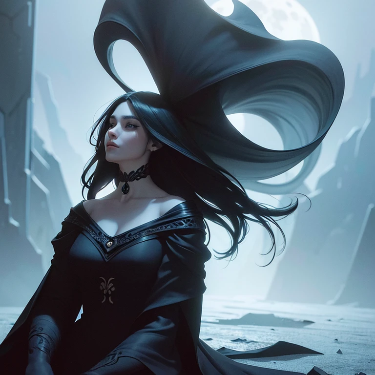 a wizard woman,black dressed,with glass ball,ultra detailed,dark night vision,watercolor,by yossi kotler,charlie bowater,4k,