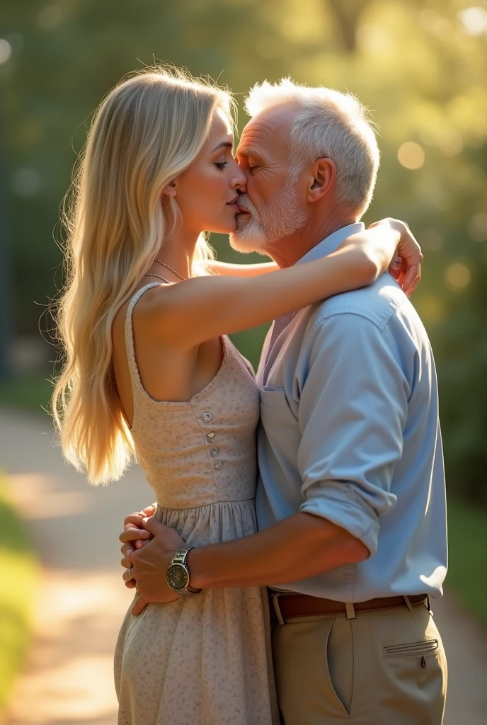 White woman with blonde hair kisses elderly man on the lips