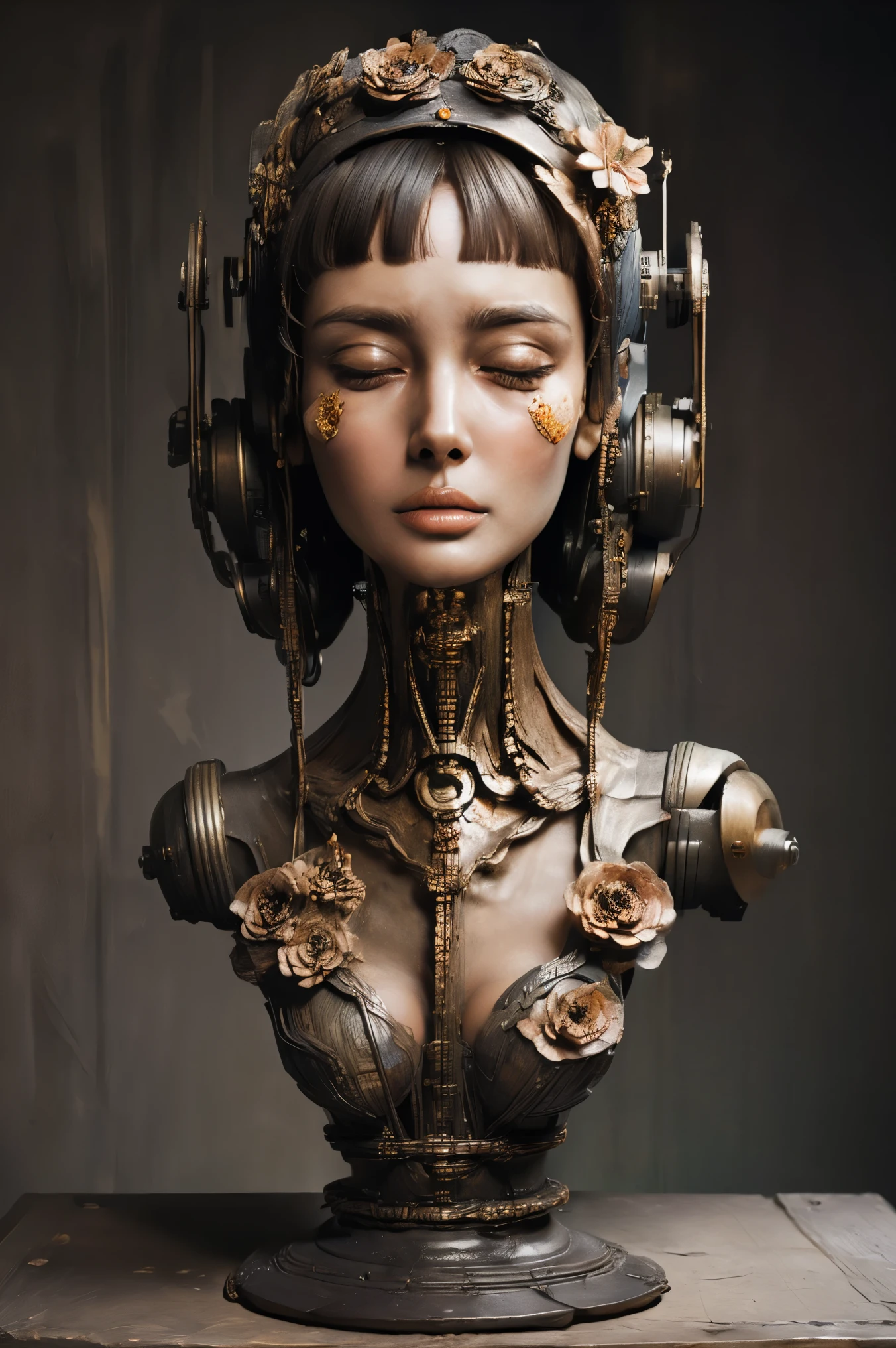 (masterpeace), ((super real photography: 1.5)), ((photo realistic: 1.3)), (real photo),
A Japanese young girl with a lot of flowers, ((A young girl robot: 1.5)), (bust statue),
BREAK
headgear, ((real metalic skin)), ((beautiful face: 1.5)), ((Super cute: 1.5)), ((babyface: 1.5)), ((well-balanced face)), (close eyes: 1.3)), longeyelashes, stunning big eyes, luscious glossy lips, ((blunt bangs: 1.5)), (long hair),
BREAK
(slender body: 1.3), petite bust, flower bloom, (flowers: 1.5),
BREAK
High-Mechanic body, octane rendering, Super Detailed machine, ((connected electric cables)),
BREAK
(simple background: 1.3), ((bust shot: 1.3)), cinema quality, professional photograph, (photo studio: 1.5), (Bright Light: 1.2), Eye-Level Shot, wide lens, (fujifilm 35mm), (film photo), RAW, Excessive Embellishment, UHD,
BREAK
anatomically correct, textured skin, best quality, 8k