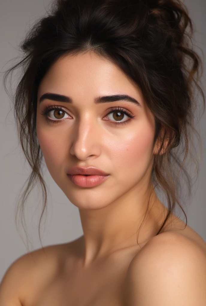 Realistic Studio portrait of a young woman, beautifully lit, masterpiece, A close-up shot of an attractive young woman, she poses seductively against a plain backdrop. Her gaze is framed by luscious eyelashes and a smile