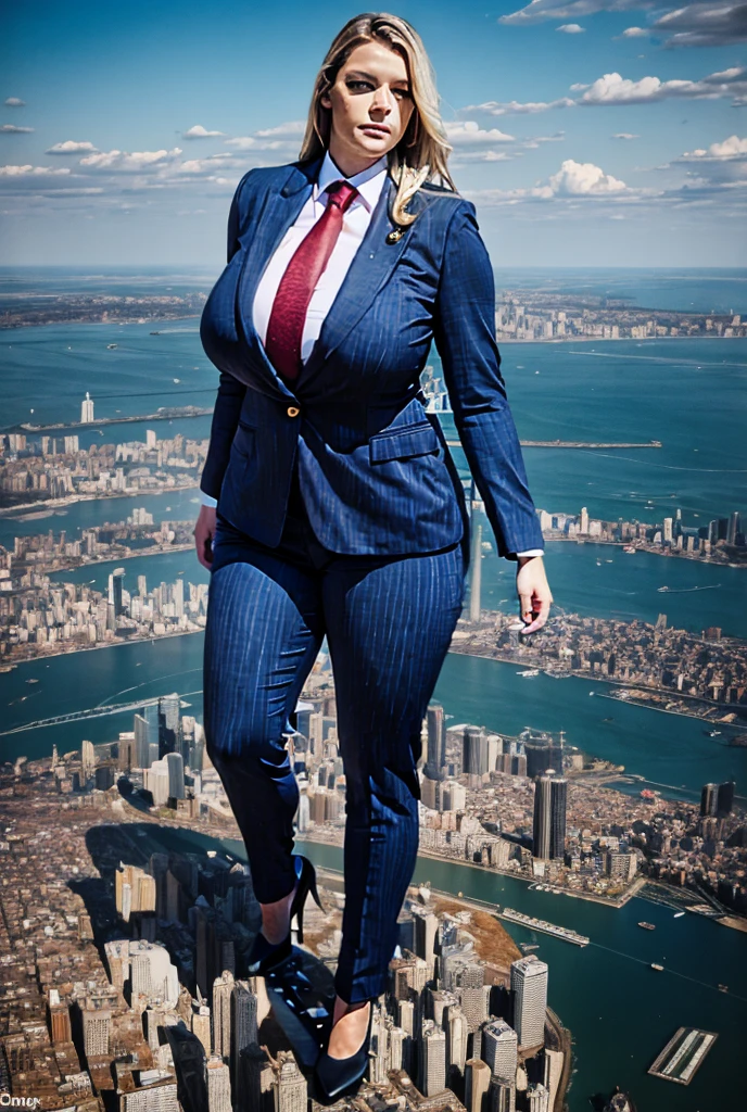 Looking up at the approaching young giantess, Giantess art, 500 miles tall giga giantess, young sophisticated and stylish woman in a light grey italian pinstriped trouser suit, form fitting crisp office shirt, and a large wide blue necktie in a windsor knot, with a beautiful, curvaceous figure, large natural breasts, and long wavey blonde hair, with a curvaceous figure and massive breasts. wearing blue rounded court high heels with uncovered feet and standing, rampage-like pose, with a city skyscrapers background of mega-city, skyscapers, partially obscured by a hazy, cloudy atmosphere. The image is a high-resolution, masterpiece-quality, cinematic, ultra-detailed, and hyper-photorealistic photograph, with perfect hands, face, and lighting. ultra-detailed, 8K, photo-realistic, hyper-realistic, masterpiece, intricate details, full body view. Looking at camera, The image is a high-resolution, masterpiece-quality, cinematic, ultra-detailed, and hyper-photorealistic photograph, with perfect hands, face, and lighting. ultra-detailed, 8K, photo-realistic, hyper-realistic, masterpiece, intricate details,