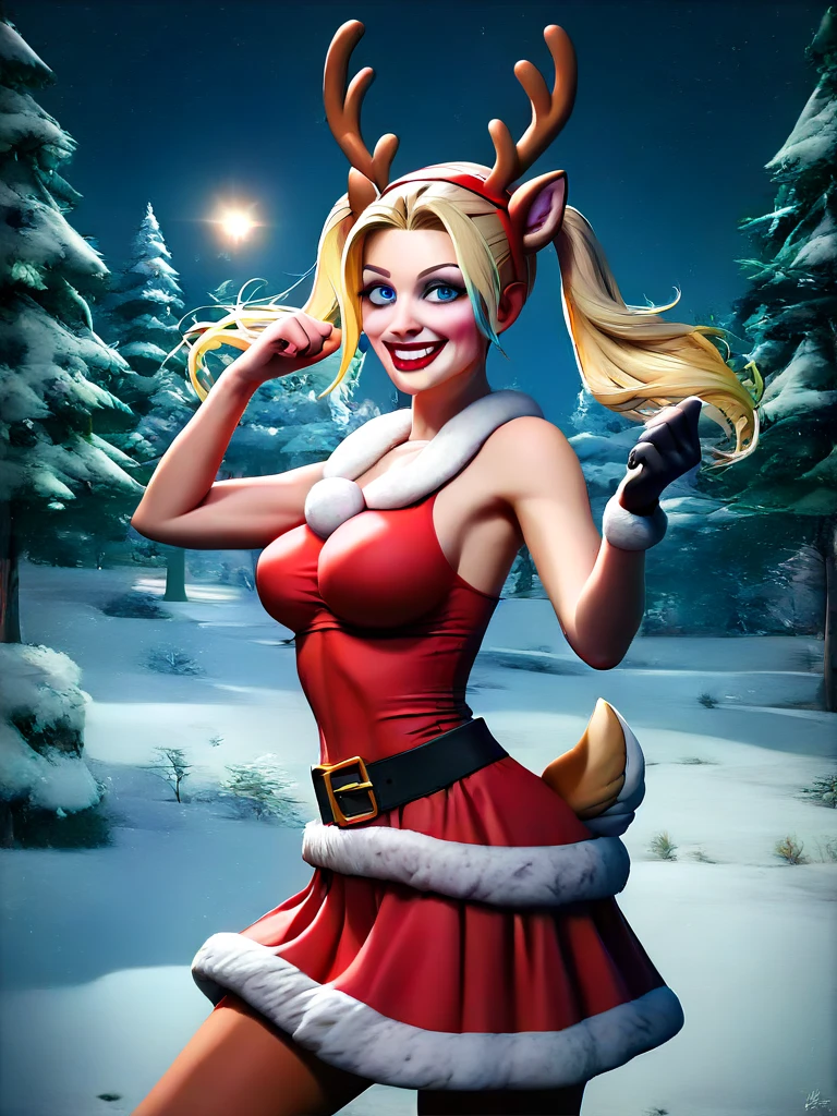 Blonde polar bear woman, wearing a backless Santa dress, perfect face, blue eyes, big breasts, cleavage, big butt, red lipstick, solo, smile, perfect detailed body,