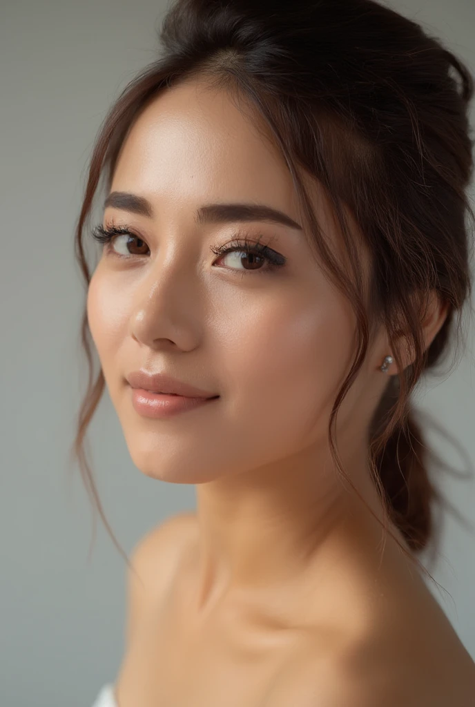 Realistic Studio portrait of a young woman, beautifully lit, masterpiece, A close-up shot of an attractive young woman, she poses seductively against a plain backdrop. Her gaze is framed by luscious eyelashes and a smile