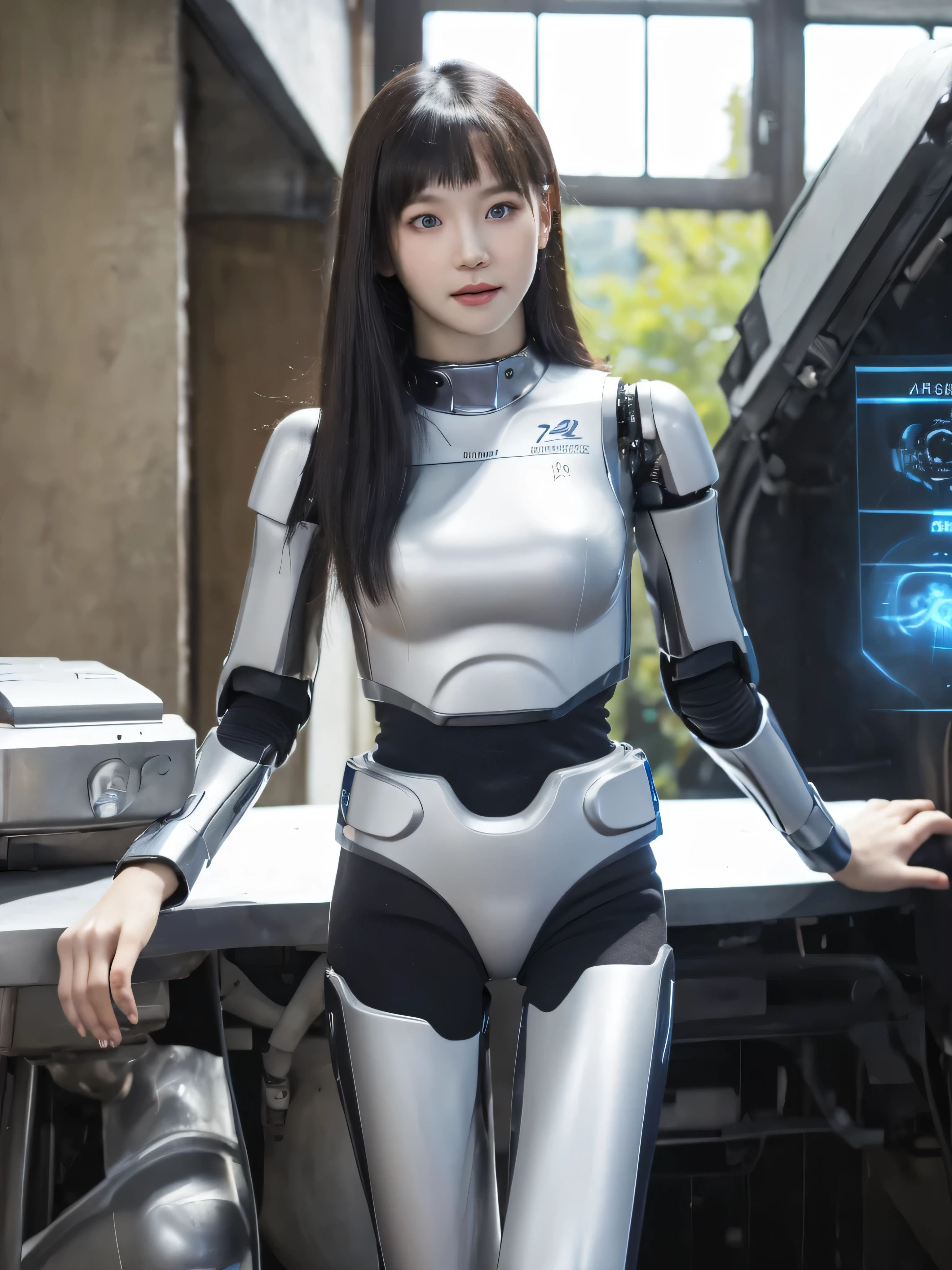 masterpiece, best quality, extremely detailed, (8K, 4K, Best Quality, hight resolution, A high resolution:1.1), 8K portrait,1girl in, Korean android girl,aespa karina,android teacher,Plump , control panels,android,Droid,Mechanical Hand, ,Robot arms and legs, Black hair,Mechanical body,Blunt bangs,White Robotics Parts,perfect robot woman,Charging spot,Long Tube,A thick cable was connected to her neck,ceramic body ,android,robot humanoid,a bit chubby,panty,full eyes,perfect mechanical body,white robotics body,future assembly plant,white body,She has repaired,black sponge joints,android assembly plant,android,laboratory,perfect machine body,white robot body, body by hrp-4c, face by aespa karina, blue eyes, body from hrp-4c, face from aespa karina, aespa karina's face, hrp-4c's robot body suit, blue eyes, sharp face shape, 20 years old, perfect nose shape, small nose, face shape from aespa karina, robot suit from HRP-4C, aespa karina's face shape