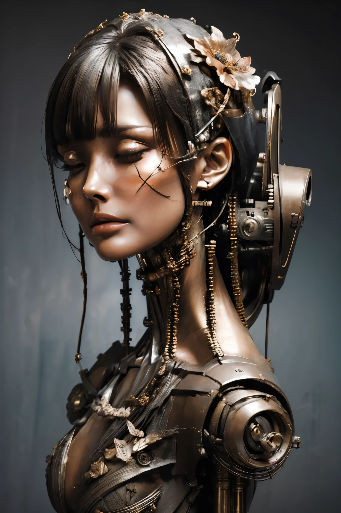 portrait of a slightly rusty japanese robotic geisha with wires and actuators, porcelain white face, dramatic lighting, hyper - realistic, ultra - realistic, intricate details, 8 k ultra high definition, octane render, Oiran, geisha, mecha, robot, Divine and gorgeously decorated oiran, make up, thick make up, she is a very elegant and beautiful 18 year old girl. Her face is gorgeously decorated, Ghost in the Shell, cyborg body, mechanical body, metal, mechanical limbs, tubes connected to the mechanical parts, (((masterpiece))), ((best quality)), (ultra-detailed), (CG illustration), (an extremely devious and beautiful)), cinematic light, ((1 mechanical girl)), single, (machine-made joints: 1.4), ((mechanical limblood vessels attached to the tube), ((mechanical spine attached to the back)), ((mechanical cervical vertebrae attached to the neck), ((back to the viewer)), expressionless, (wires and cables attached to the head and body: 1.5), science fiction, apocalypse, ruins, sexy, hard nipples, seductive, smile, big breasts,