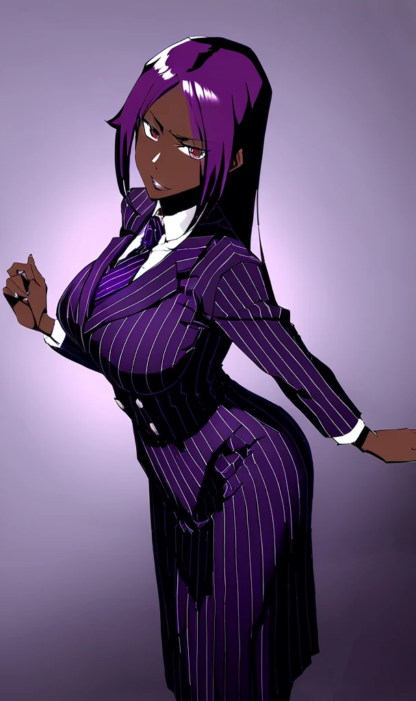 Black anime women in a purple pinstripe double breasted skirt suit with a tie on with dark purple hair full body