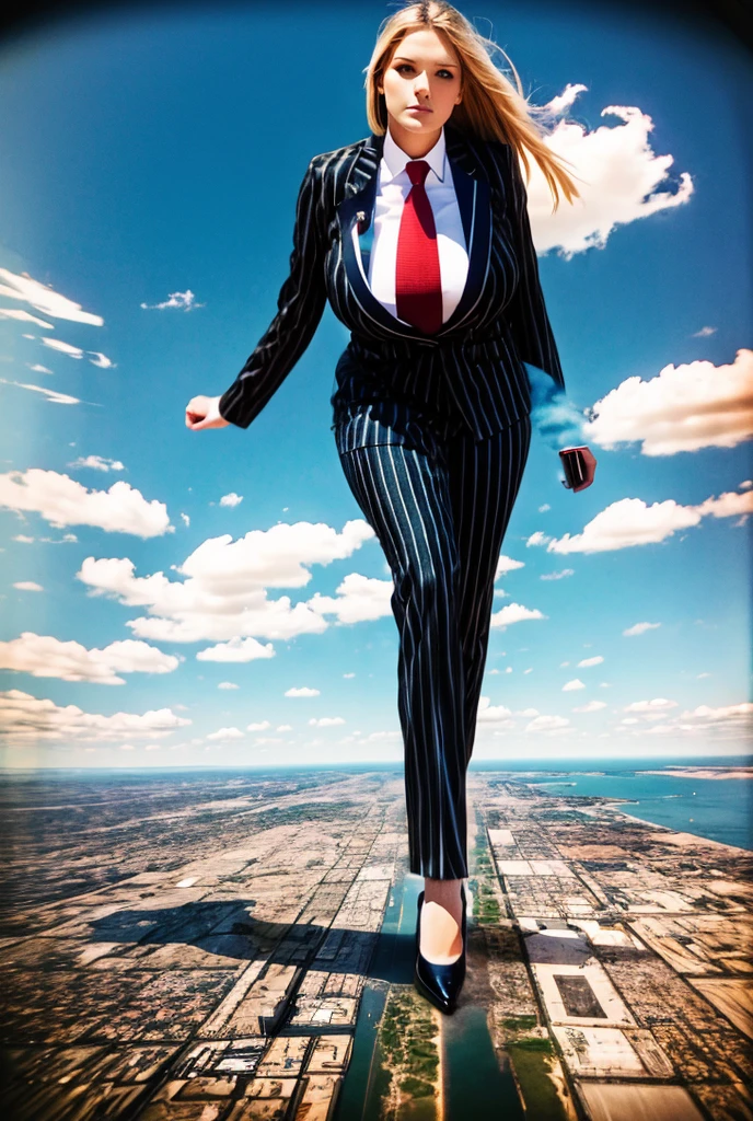 Looking up at the approaching young giantess, Giantess art, 500 miles tall giga giantess, young sophisticated and stylish woman in a black italian pinstriped trouser suit, form fitting crisp office shirt, and a large wide yellow necktie in a windsor knot, with a beautiful, curvaceous figure, large natural breasts, and long wavey blonde hair, with a curvaceous figure and massive breasts. wearing blue rounded court high heels with uncovered feet and standing, rampage-like pose, with a city skyscrapers background of mega-city, skyscapers, partially obscured by a hazy, cloudy atmosphere. The image is a high-resolution, masterpiece-quality, cinematic, ultra-detailed, and hyper-photorealistic photograph, with perfect hands, face, and lighting. ultra-detailed, 8K, photo-realistic, hyper-realistic, masterpiece, intricate details, full body view. Looking at camera, The image is a high-resolution, masterpiece-quality, cinematic, ultra-detailed, and hyper-photorealistic photograph, with perfect hands, face, and lighting. ultra-detailed, 8K, photo-realistic, hyper-realistic, masterpiece, intricate details,