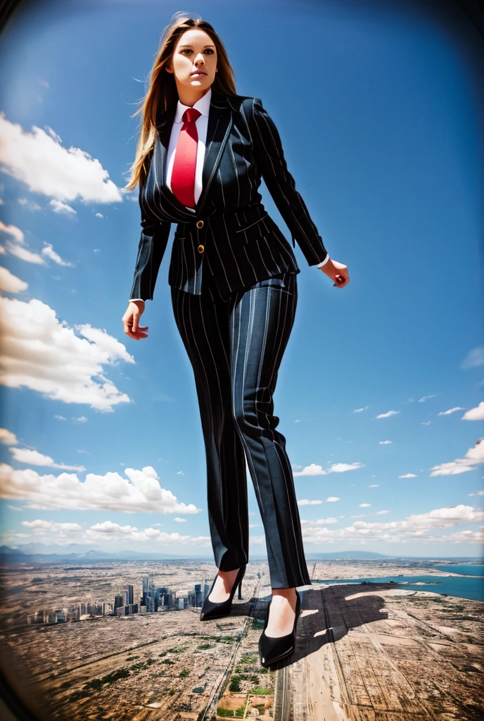 Looking up at the approaching young giantess, Giantess art, 500 miles tall giga giantess, young sophisticated and stylish woman in a black italian pinstriped trouser suit, form fitting crisp office shirt, and a large wide yellow necktie in a windsor knot, with a beautiful, curvaceous figure, large natural breasts, and long wavey blonde hair, with a curvaceous figure and massive breasts. wearing blue rounded court high heels with uncovered feet and standing, rampage-like pose, with a city skyscrapers background of mega-city, skyscapers, partially obscured by a hazy, cloudy atmosphere. The image is a high-resolution, masterpiece-quality, cinematic, ultra-detailed, and hyper-photorealistic photograph, with perfect hands, face, and lighting. ultra-detailed, 8K, photo-realistic, hyper-realistic, masterpiece, intricate details, full body view. Looking at camera, The image is a high-resolution, masterpiece-quality, cinematic, ultra-detailed, and hyper-photorealistic photograph, with perfect hands, face, and lighting. ultra-detailed, 8K, photo-realistic, hyper-realistic, masterpiece, intricate details,