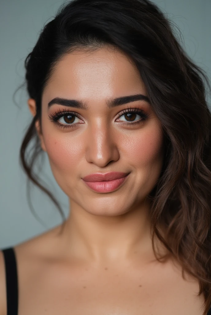 Realistic Studio portrait of a young woman, beautifully lit, masterpiece, A close-up shot of an attractive young woman, she poses seductively against a plain backdrop. Her gaze is framed by luscious eyelashes and a smile