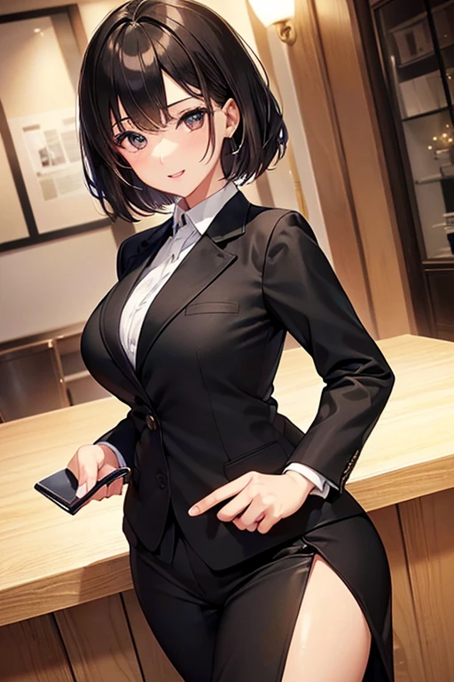 masterpiece, best quality, highres, 1girl, chabashira sae, high ponytail, suit, jacket, cleavage <lora:chabashira_sae:1> full body, sitting