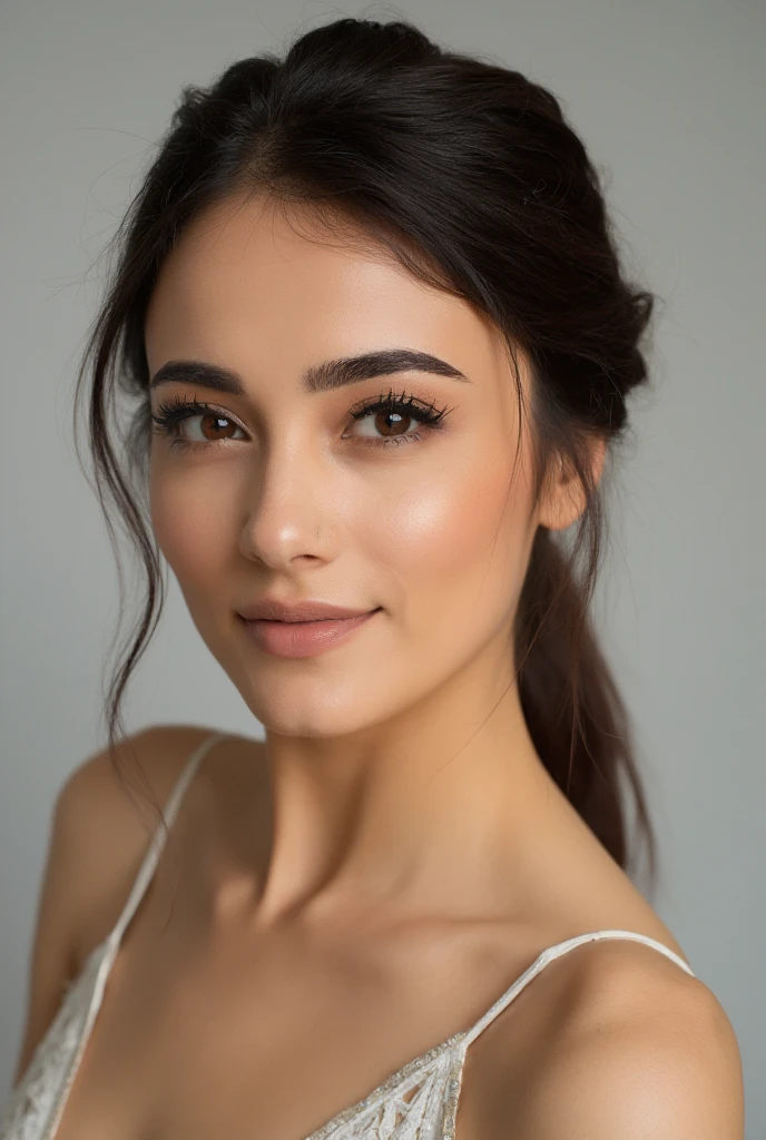 Realistic Studio portrait of a young woman, beautifully lit, masterpiece, A close-up shot of an attractive young woman, she poses seductively against a plain backdrop. Her gaze is framed by luscious eyelashes and a smile