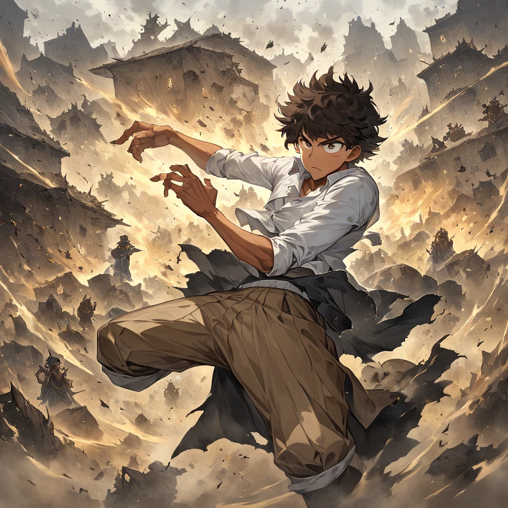 (((obra-prima))), qualidade excepcional, Ultra-detailed illustration, dynamic picture, Spike Spiegel, pistola, intense action scene. (Make a anime teenager boy in a school outfit, shounen art style) floating in mid air menacingly, scary looking , with his psychic aura surrounding him, his aura also destroying buildings in the back ground. his figure 22-year-old, with a muscles but not too much. His tousled dark brown hair, intermingled with playful strands of lighter tan, danced in the gentle breeze, often falling haphazardly over his brow. The tousled locks framed his angular face, where bright, expressive yellow, brownish eyes sparkled with an innocent curiosity—a striking contrast to the fierce determination often hidden beneath his nonchalant exterior.


make him wear a white button down rolled up sleeves shirt, with light brown slacks pants, right sleeve of the pants is burnt off up to his knee cap, with some shoes that looks like it's boosting his power, and energy 





